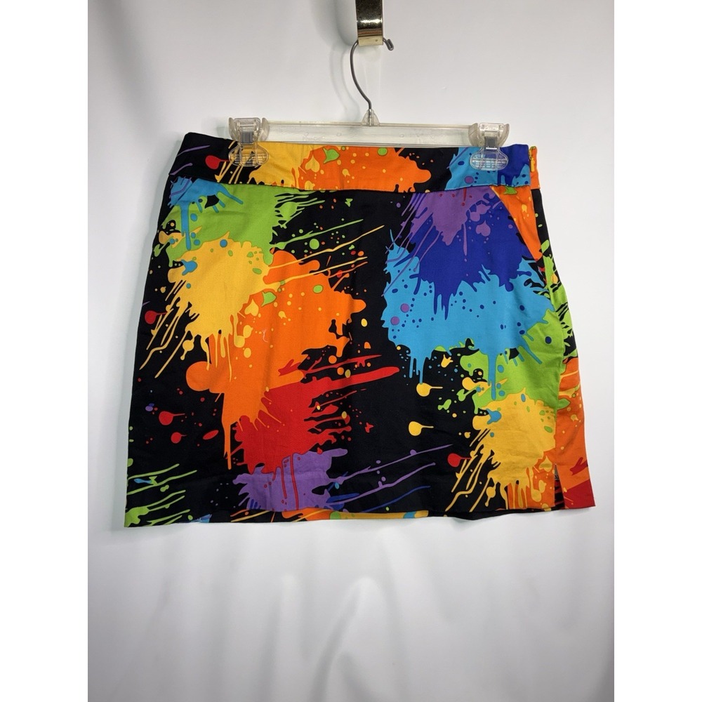 Loudmouth Skirt Golf Women's Sz 8 Rainbow Paint Splatter Splash Black Cotton Zip